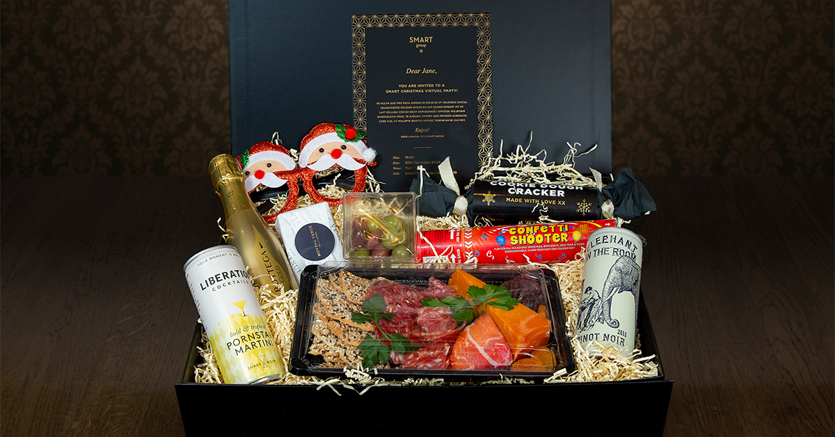 virtual party food box featuring grazing cheese and charcuterie, drinks, novelties and more